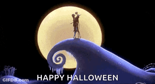 Jack And Sally From The Nightmare Before Christmas Are Standing On Top Of A Swirl In Front Of A Full Moon . GIF
