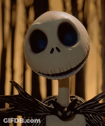 Jack Skellington From The Nightmare Before Christmas Is Smiling And Looking At The Camera GIF