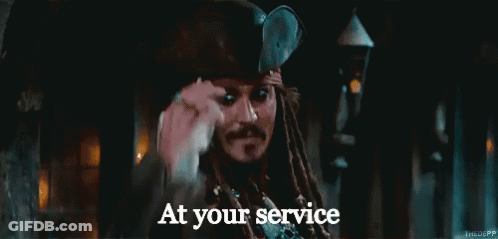 Jack Sparrow From Pirates Of The Caribbean Is Waving His Hand And Saying At Your Service GIF