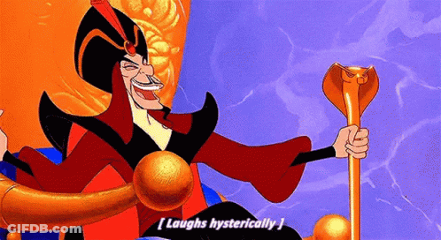 Jafar From The Movie Aladdin Is Sitting On A Throne Holding A Cane And Laughing . GIF
