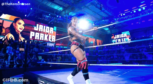 Jaida Parker Holding Rope In Wrestling Ring GIF
