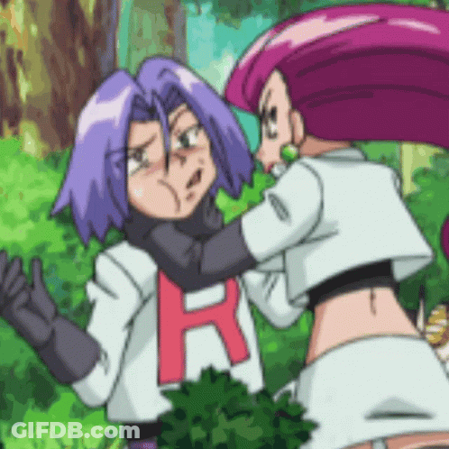 James And Jessie From Pokemon Are Standing Next To Each Other . GIF