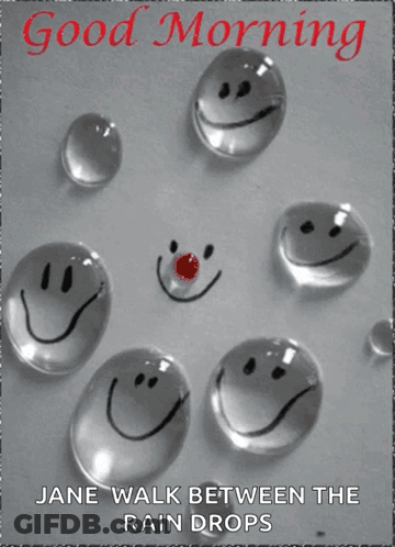 Jane Walk Between The Rain Drops Poster With Smiley Faces On Them GIF