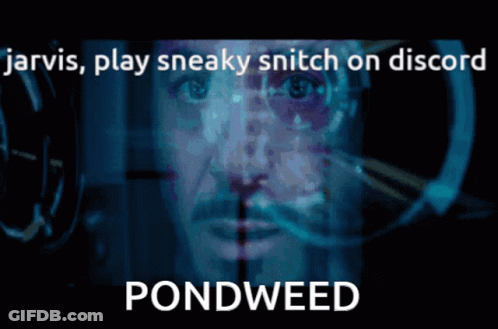 Jarvis Play Sneaky Snitch On Discord Pondweed Written On A Black Background GIF