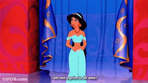 Jasmine From Aladdin Talking In Front Of Blue Curtain GIF