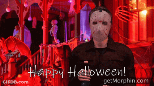 Jason Voorhees Holding Bottle Saying Happy Halloween GIF