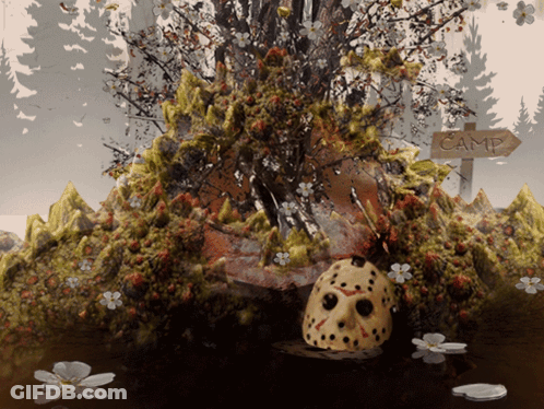 Jason Voorhees Mask In Swamp Near Camp Sign GIF