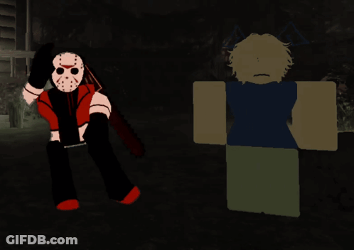 Jason Voorhees Standing Next To Roblox Character GIF