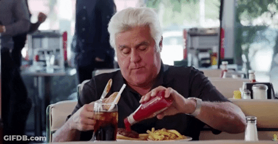 Jay Leno Putting Ketchup On Food GIF