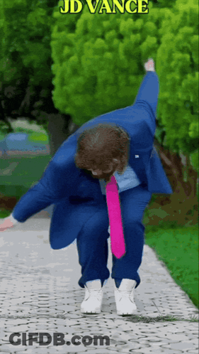 JD Vance Dancing On Sidewalk In Blue Suit GIF