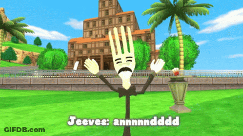 Jeeves Standing In Front Of Building And Palm Trees GIF