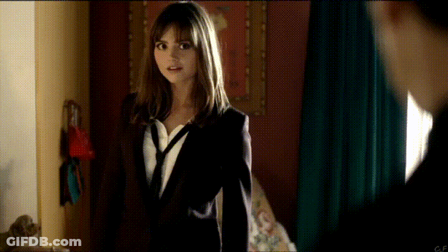 Jenna Coleman Walk Forward And Flip Hair GIF