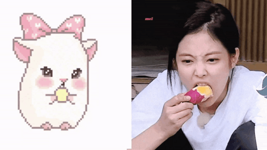 Jennie Kim Eating With Cute Cartoon GIF