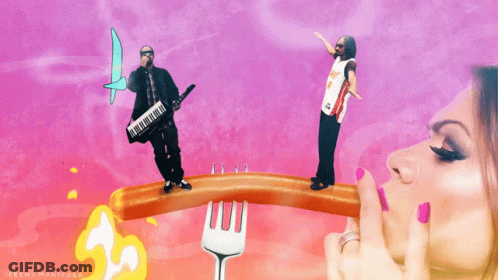 Jeremy Mansford Has Created An Illustration Of A Woman Eating A Sausage And A Man Playing A Keyboard GIF