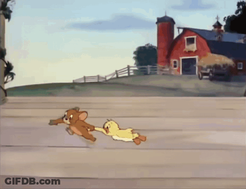 Jerry And Duck Running In Front Of Barn GIF