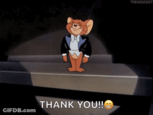 Jerry From Tom And Jerry Is Standing In Front Of A Microphone And Says " Thank You " GIF