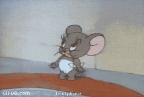 Jerry From Tom And Jerry Is Yawning With The Words Food Please Written Below Him GIF