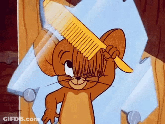 Jerry Mouse Brushing Hair Center Part Mirror Reflection GIF