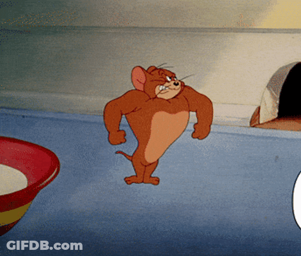 Jerry Mouse Hunk Muscles Tom Cat Scared GIF