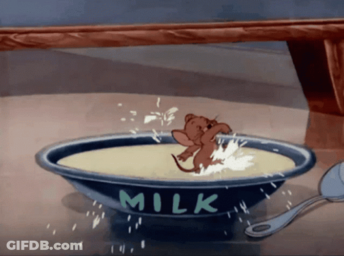 Jerry Mouse Swimming In Bowl Of Milk GIF