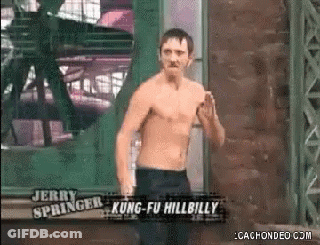Jerry Springer Kung Fu Hillbilly Is Standing In Front Of A Wall GIF