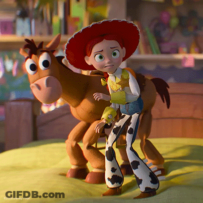 Jessie And Bullseye From Toy Story Are Standing Next To Each Other On A Bed GIF