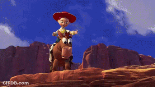 Jessie From Toy Story Is Riding A Horse In The Desert GIF
