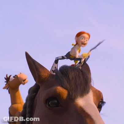 Jessie From Toy Story Is Riding On The Back Of A Brown Horse GIF