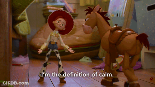 Jessie From Toy Story Is Standing Next To A Brown Horse And Says I 'M The Definition Of Calm GIF