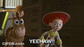 Jessie From Toy Story Standing Next To Stuffed Horse Saying Yeehaw GIF