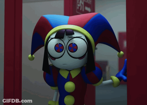 Jester Cartoon Character Near Red Exit Sign GIF
