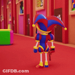 Jester Cartoon On Red Carpet Hallway GIF