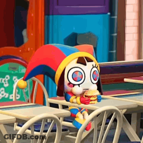 Jester Doll Sitting At Table With Hamburger GIF