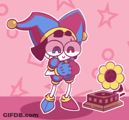 Jester Holding Heart Next To Record Player GIF