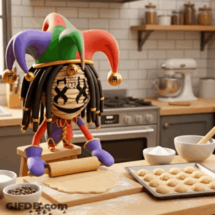 Jester Sitting On Stool Rolling Dough In Kitchen GIF