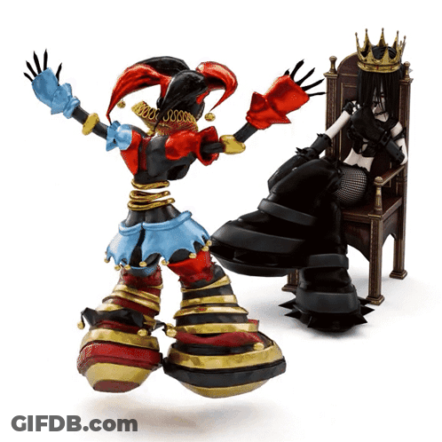 Jester Statue And Queen Statue On Throne GIF