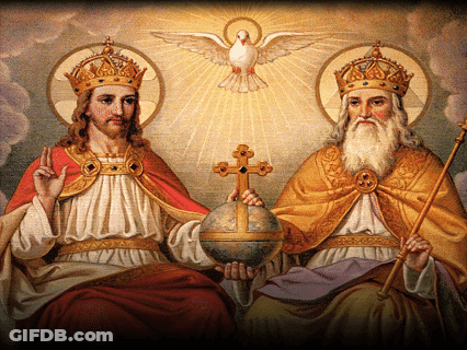 Jesus And Bearded Man Holding Globe And Cross GIF