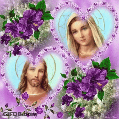 Jesus And Mary Are Surrounded By Purple Flowers GIF