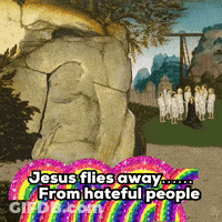 Jesus Flying Away From Hateful People With Rainbow GIF