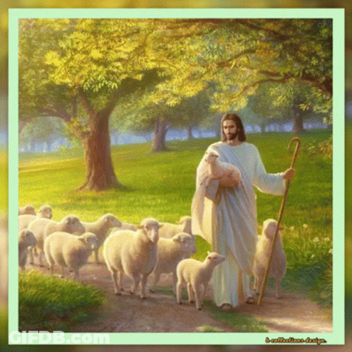 Jesus Holding Sheep And Shepherd's Stick GIF