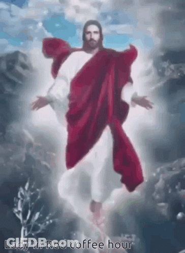 Jesus In Red Robe Flying Through Air GIF