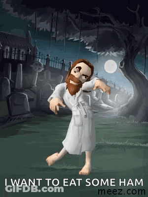 Jesus Is Dancing In A Cemetery With The Words `` I Want To Eat Some Ham '' Written On The Bottom . GIF