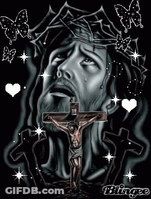 Jesus Is Hanging On A Cross With A Crown Of Thorns On His Head . GIF