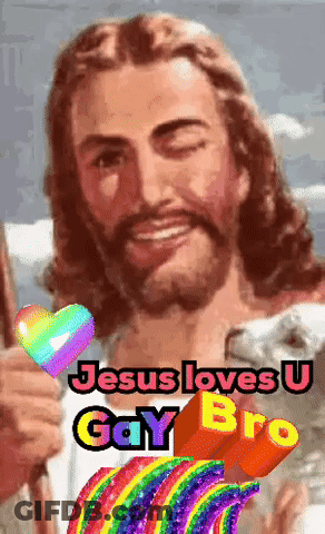 Jesus Is Holding A Rainbow Heart And The Words Jesus Loves U Gay Bro Are Above Him GIF