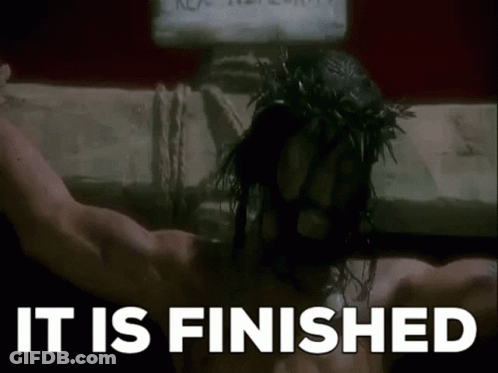 Jesus Is On The Cross With A Crown Of Thorns On His Head And The Words It Is Finished Below Him GIF