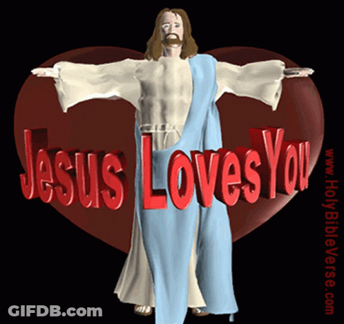 Jesus Is Standing In Front Of A Heart With The Words Jesus Loves You GIF