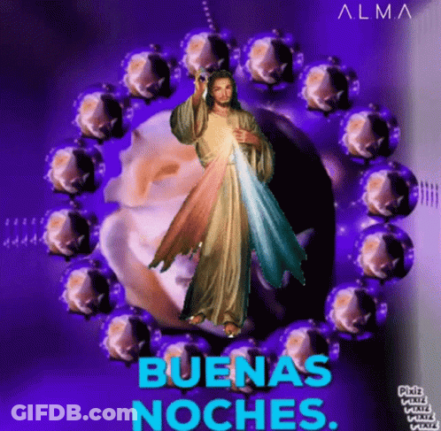 Jesus Is Surrounded By Purple Flowers And The Words Buenas Noches On The Bottom GIF