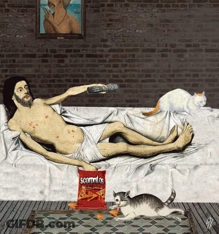 Jesus Laying On Bed Next To Bag Of Scampitos GIF
