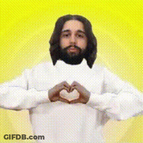 Jesus Making Heart With Hands On Yellow Background GIF