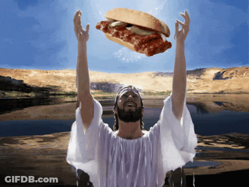 Jesus Reaching Up To Catch Chicken Sandwich GIF